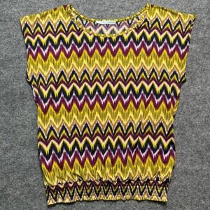 MAURICES Chevron Print Smocked Waist Yellow Purple Geometric Blouse Large